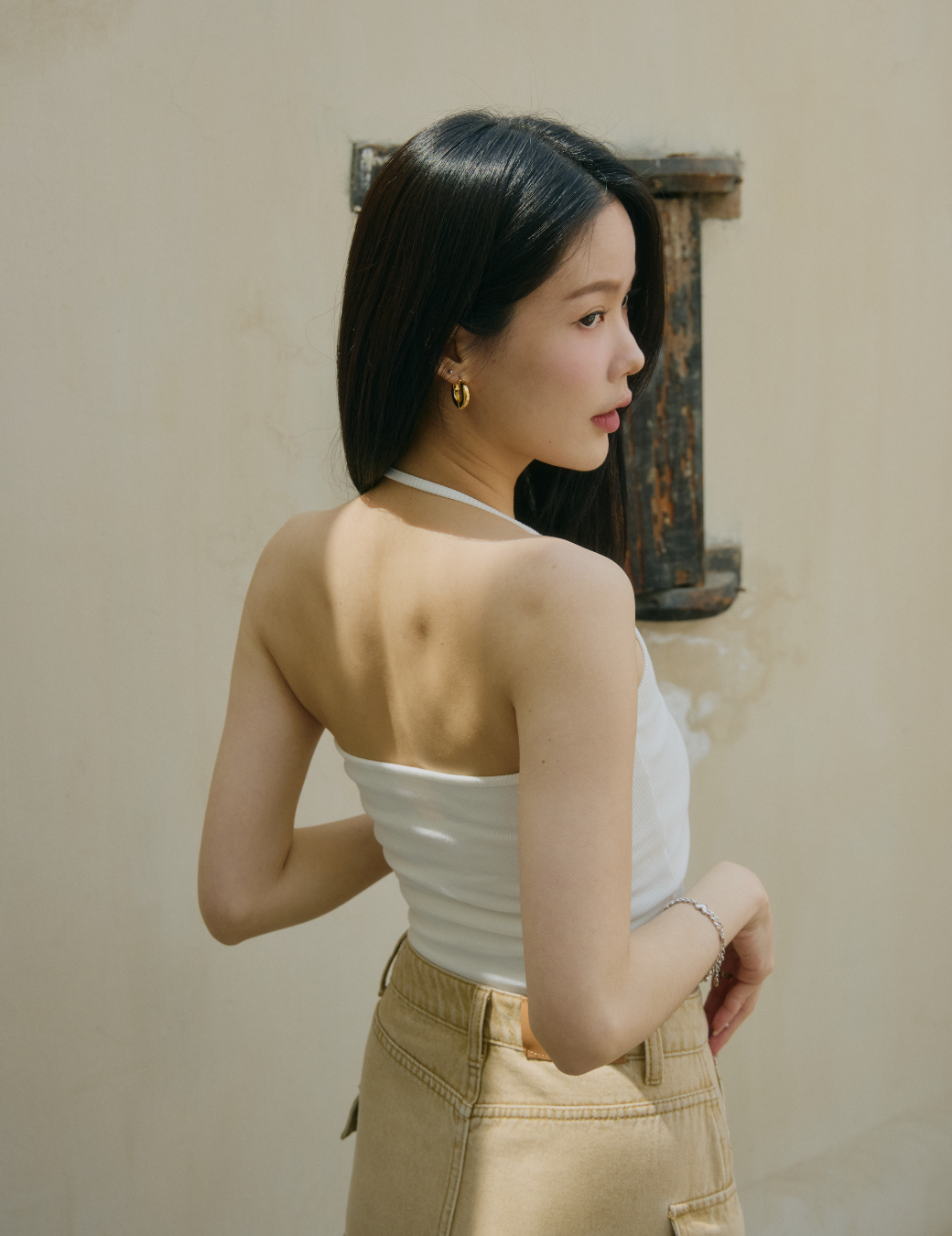 繞脖坑條Bra Top短版背心（白色/3尺寸）