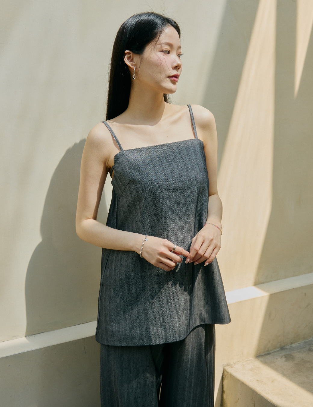 細肩後綁帶造型條紋背心（鐵灰色/3尺寸）