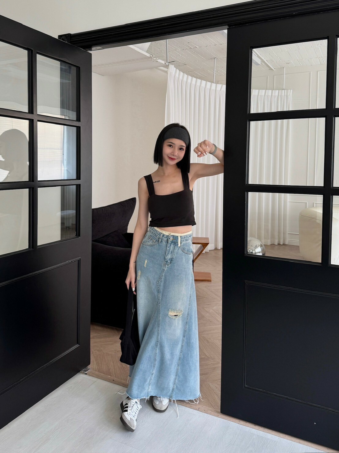 拼接刷破牛仔傘裙