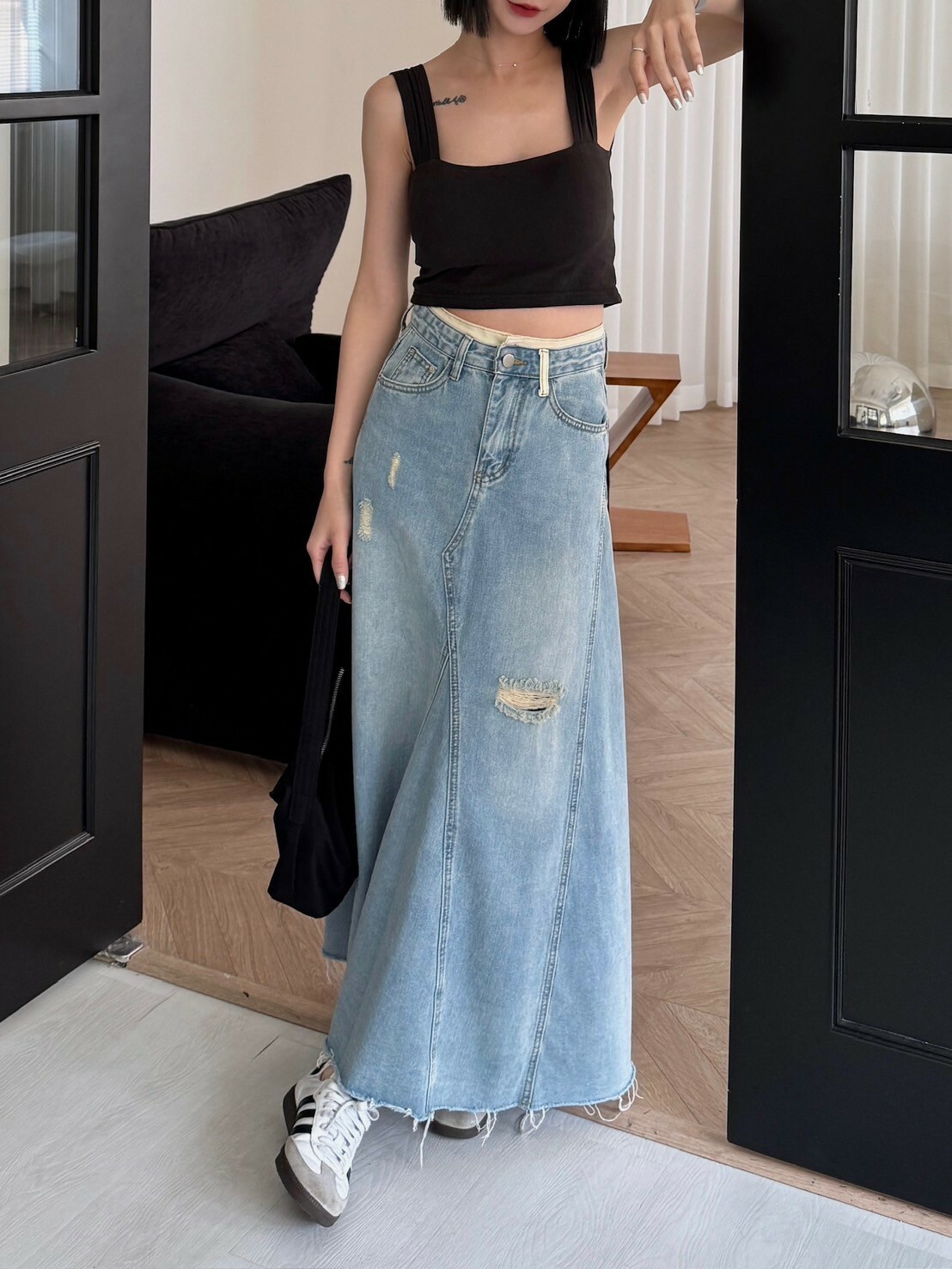 拼接刷破牛仔傘裙