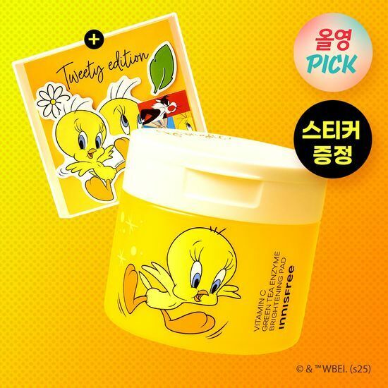 [01/04 - 31/05] Innisfree x Tweety Vitamin C Green Tea Enzyme Brightening Toner Pad [60PCS] [Olive Young Planning Set]