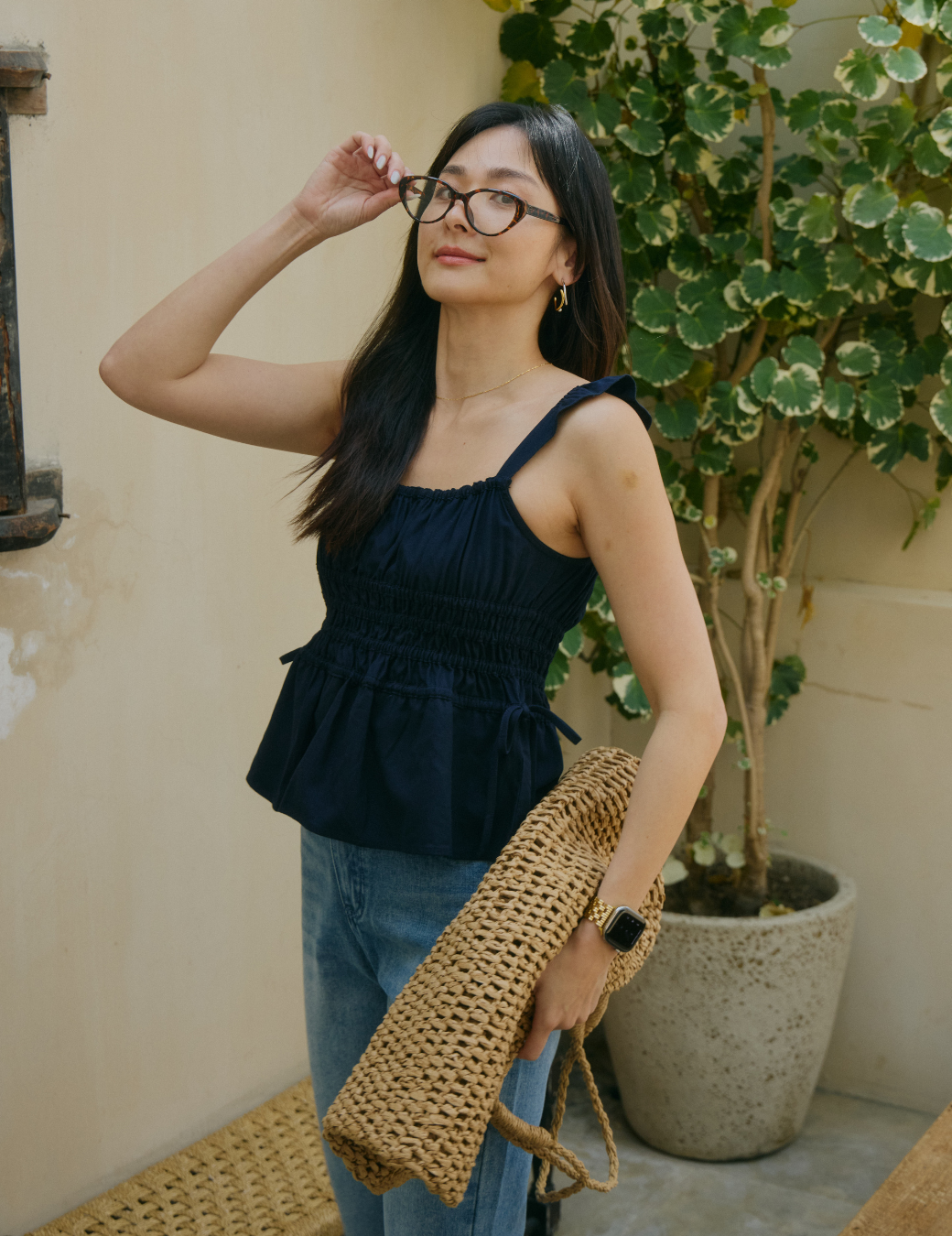 棉麻荷葉縮腰背心（深藍色/3尺寸）