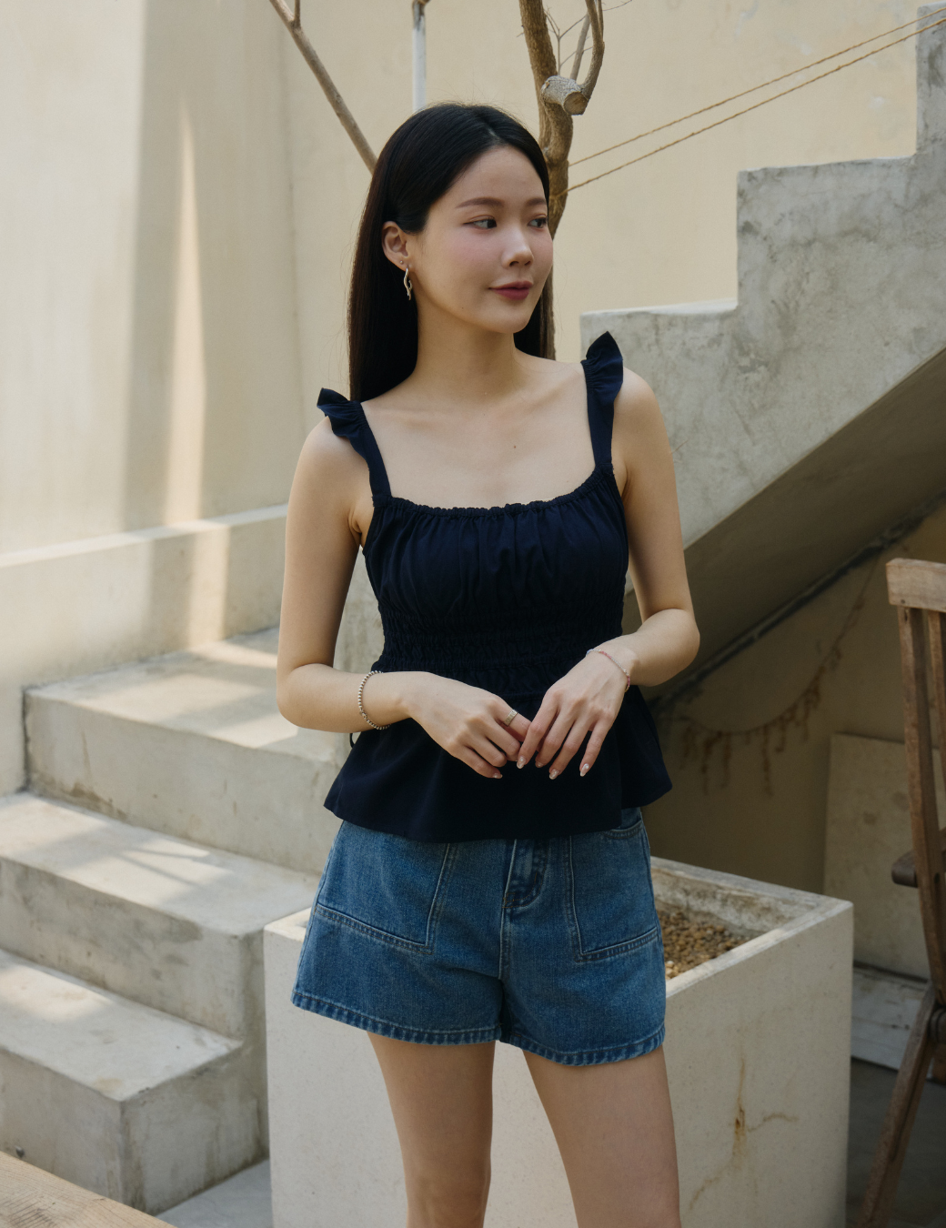 棉麻荷葉縮腰背心（深藍色/3尺寸）