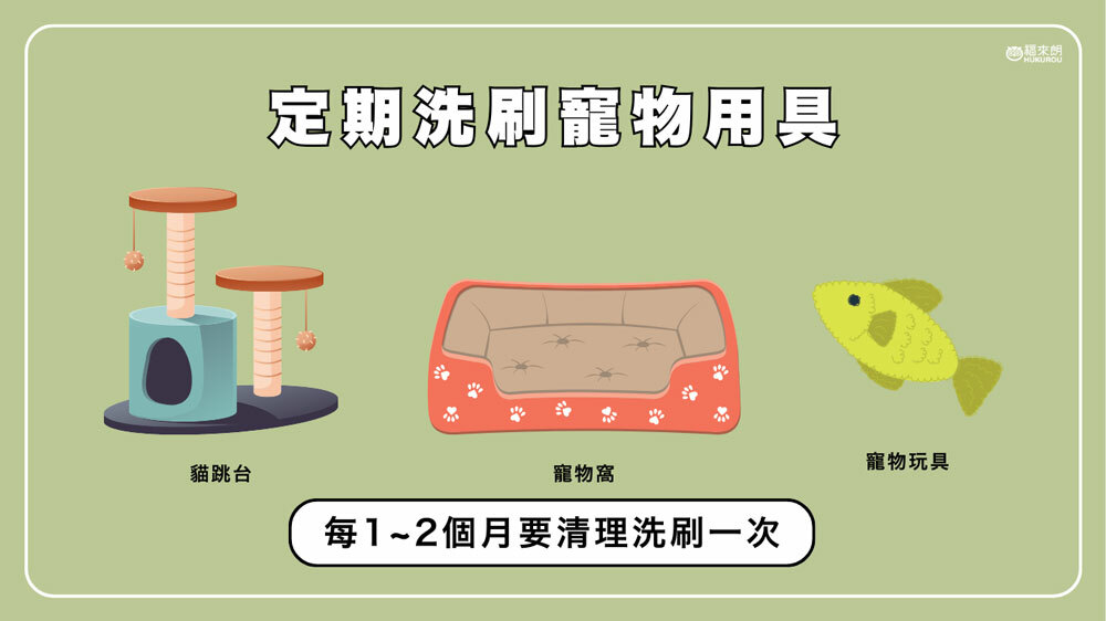 寵物家庭定期洗刷寵物用具：大型的寵物用品一到兩個月洗一次；小型用品毛絨玩具5~7天清洗一次
