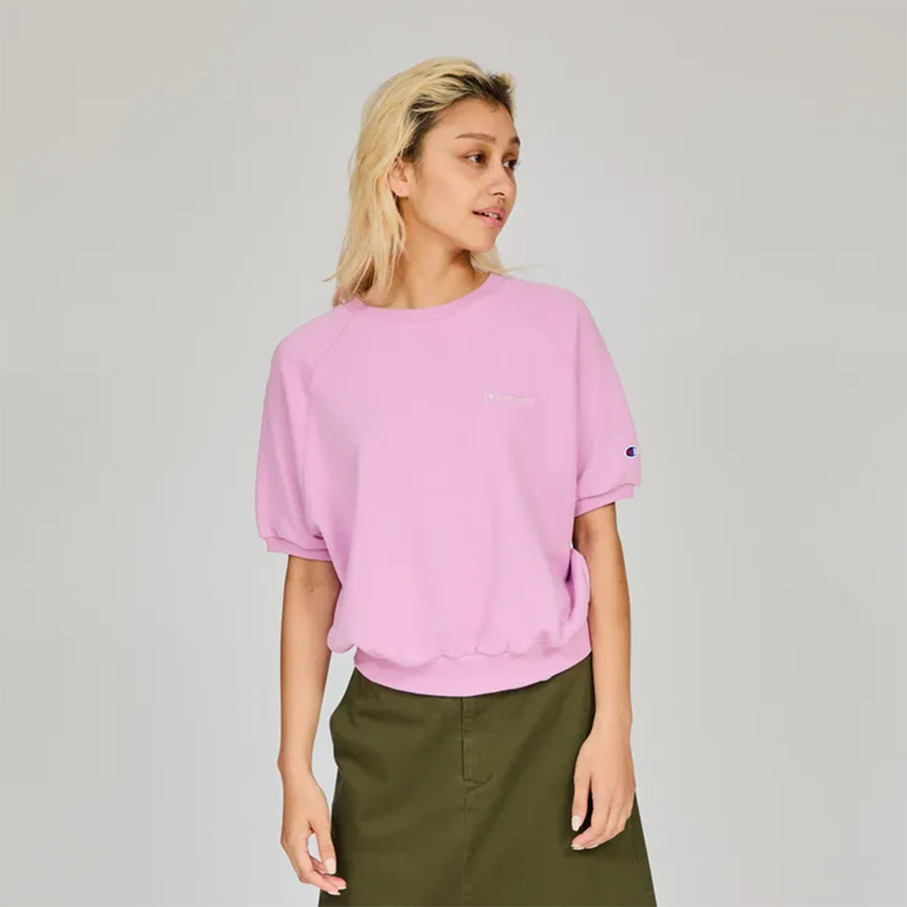 女款-CASUAL連肩 LOGO 刺繡 短袖衛衣-粉紅色(CW-B005-110)