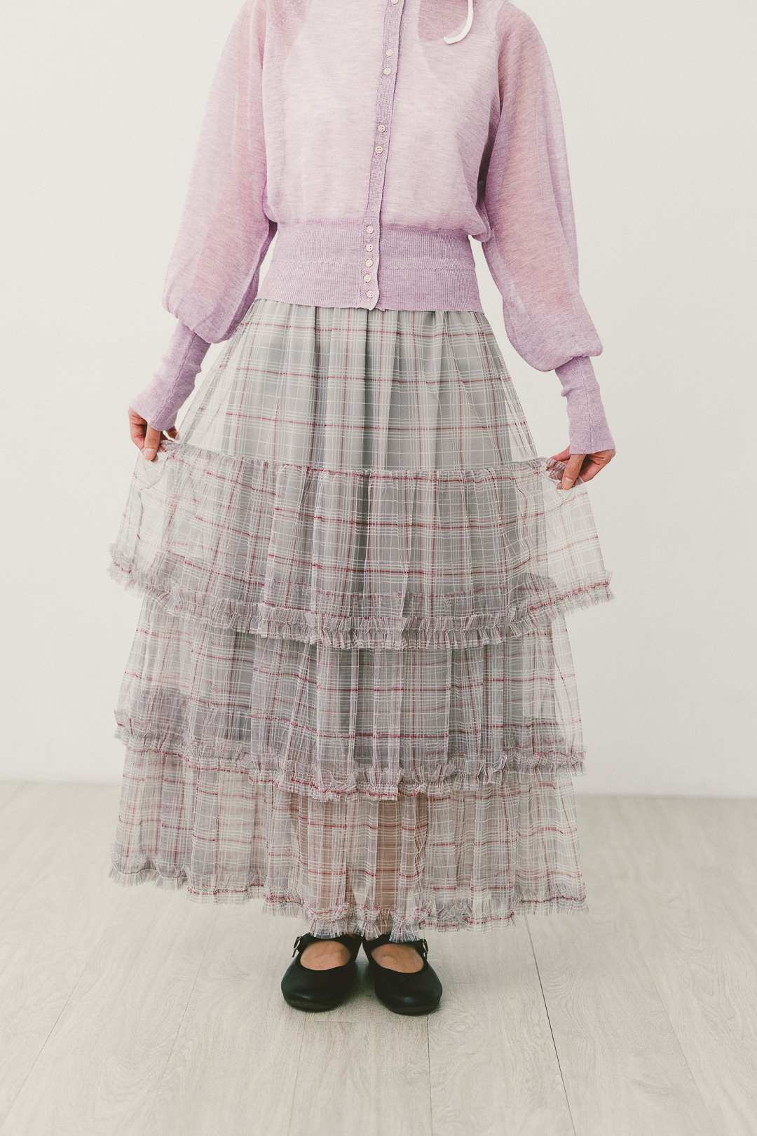 紗寫詩！荷葉邊層次薄紗裙(三色-優雅灰)