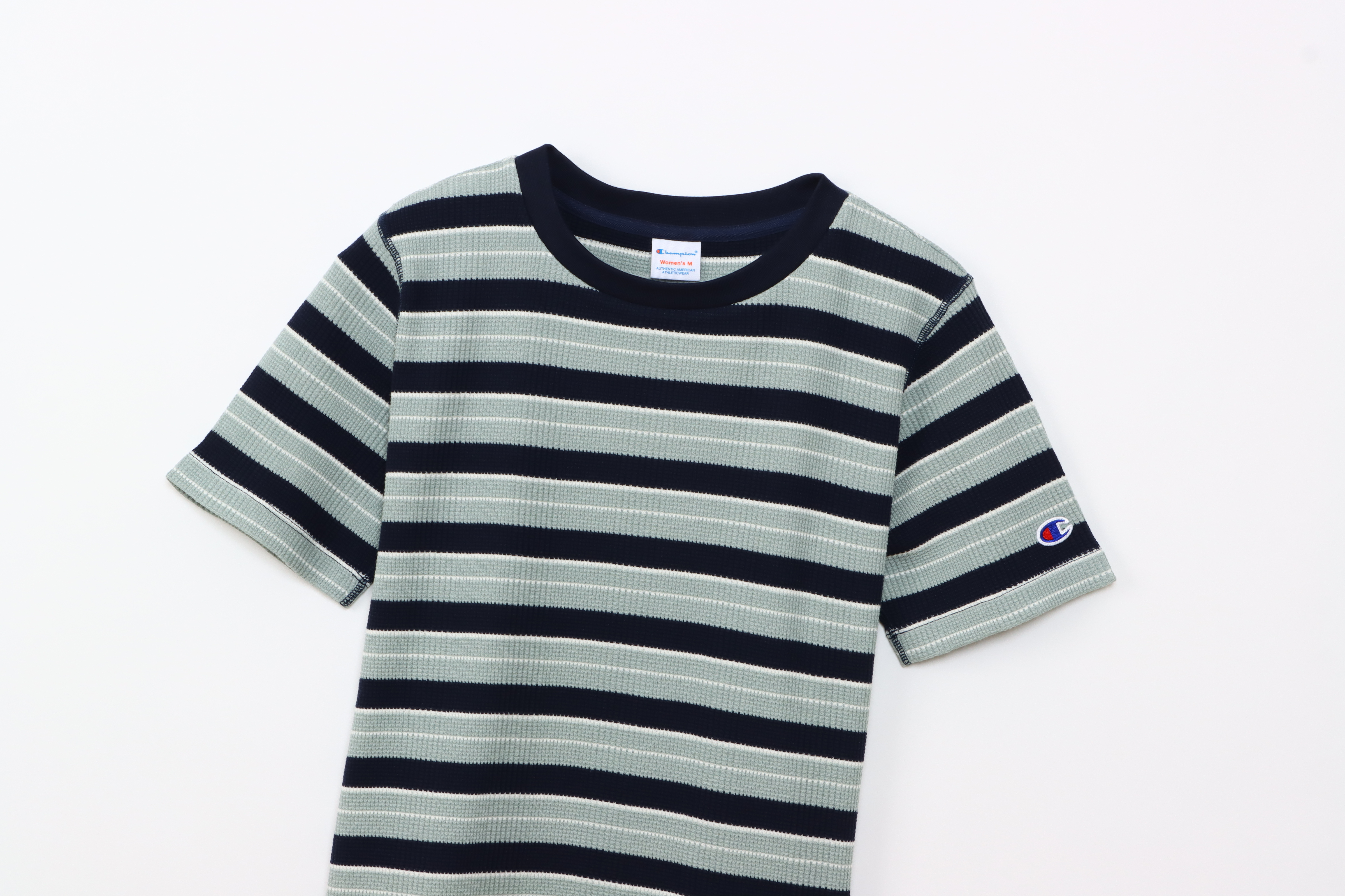 女款-CAUSAL橫條紋 華夫格 短袖 T恤-藍灰x黑（CW-B308-331）