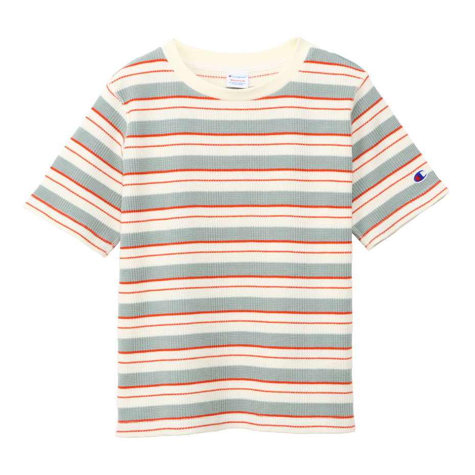 女款-CAUSAL橫條紋 華夫格 短袖 T恤-淺灰x米（CW-B308-815）