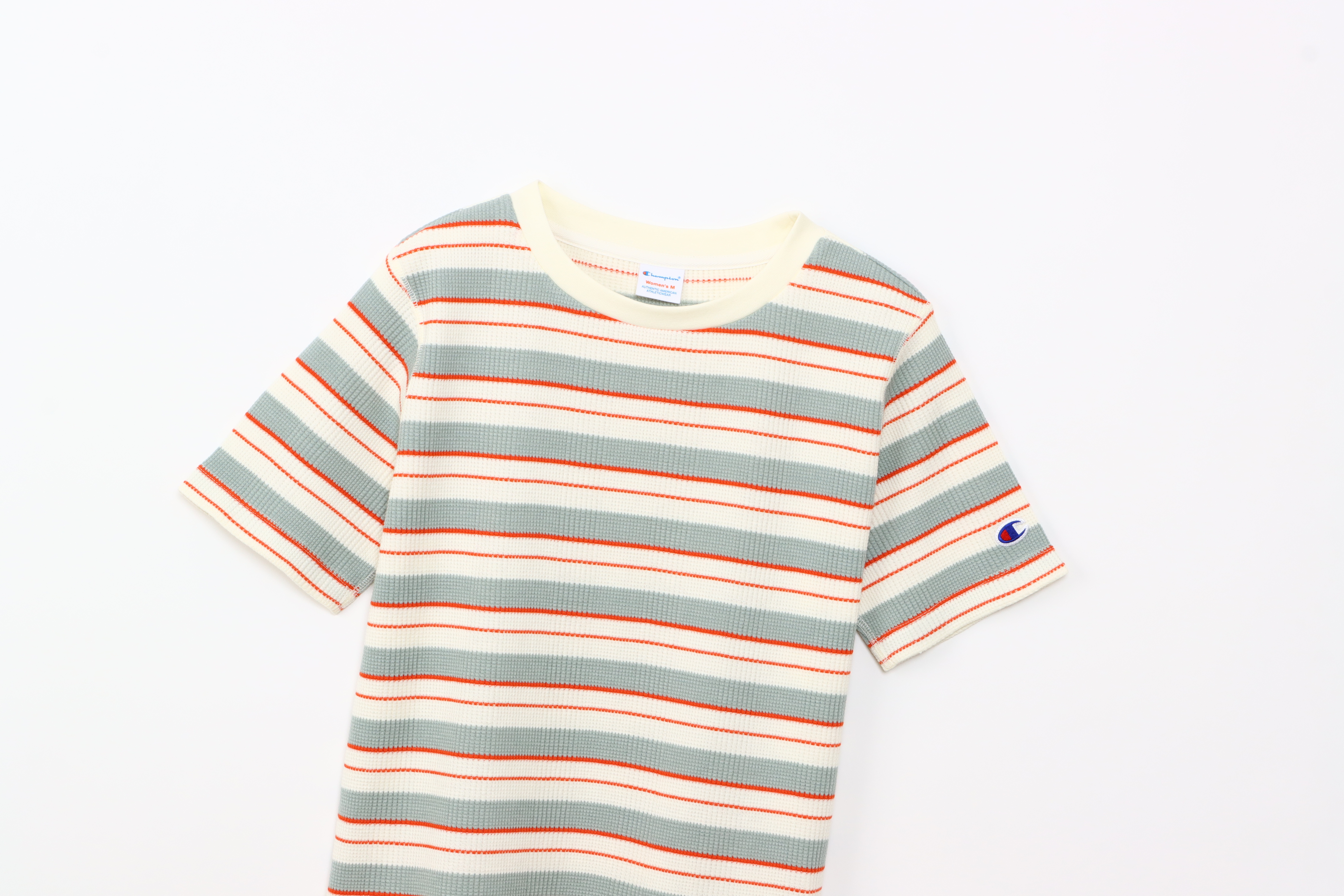 女款-CAUSAL橫條紋 華夫格 短袖 T恤-淺灰x米（CW-B308-815）