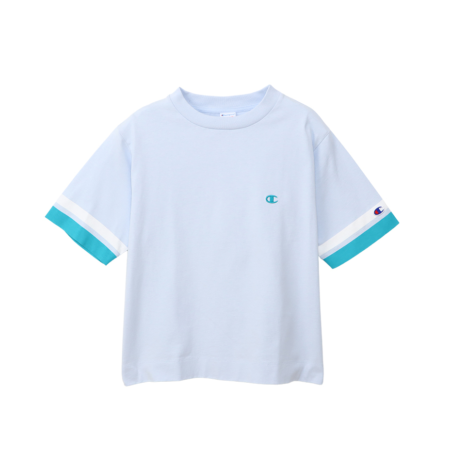 女款 -CASUAL小C 刺繡 雙色 短袖 T恤-淺藍（CW-B321-797）