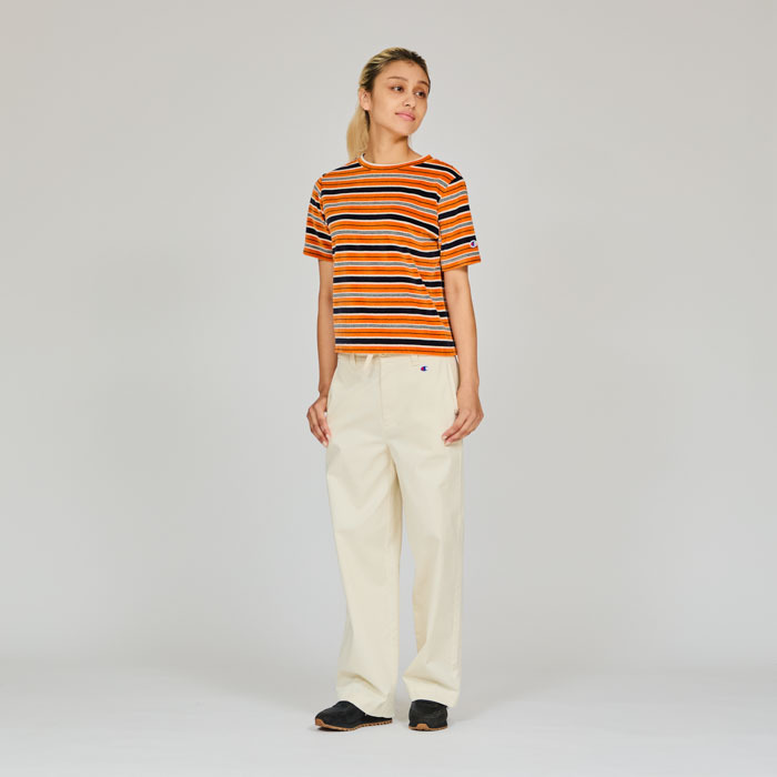 女款-CASUAL復古橫條紋絲絨短袖T恤-橘x深藍（CW-B305-38E）