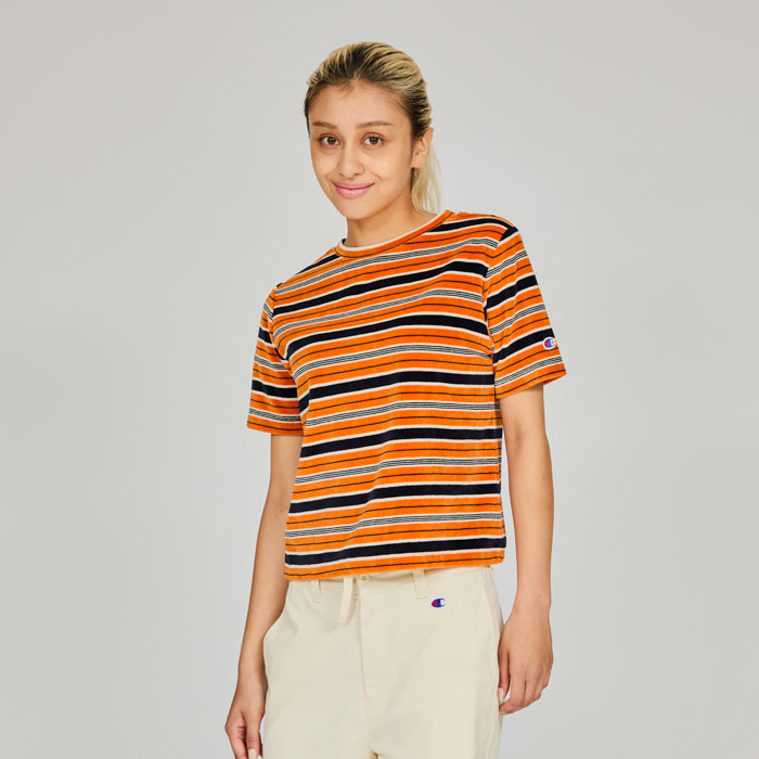 女款-CASUAL復古橫條紋絲絨短袖T恤-橘x深藍（CW-B305-38E）