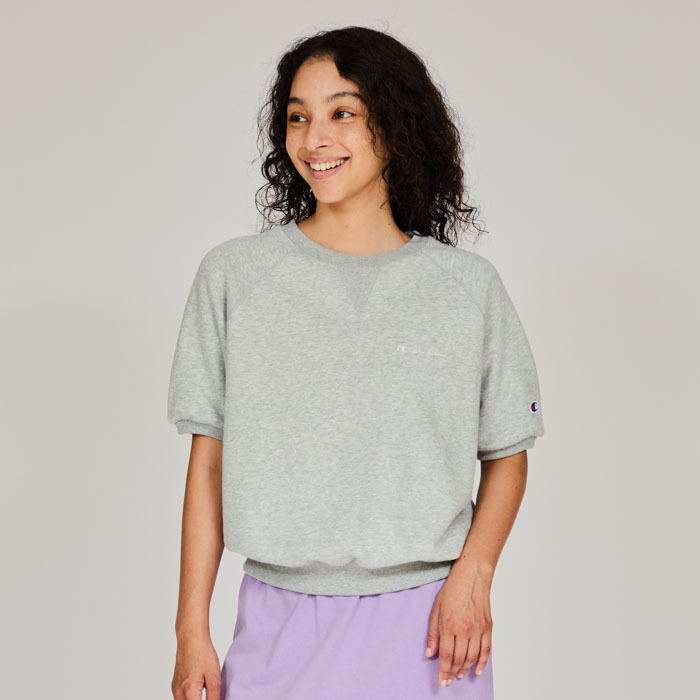 女款-CASUAL連肩 LOGO 刺繡短袖衛衣-灰色（CW-B005-060）