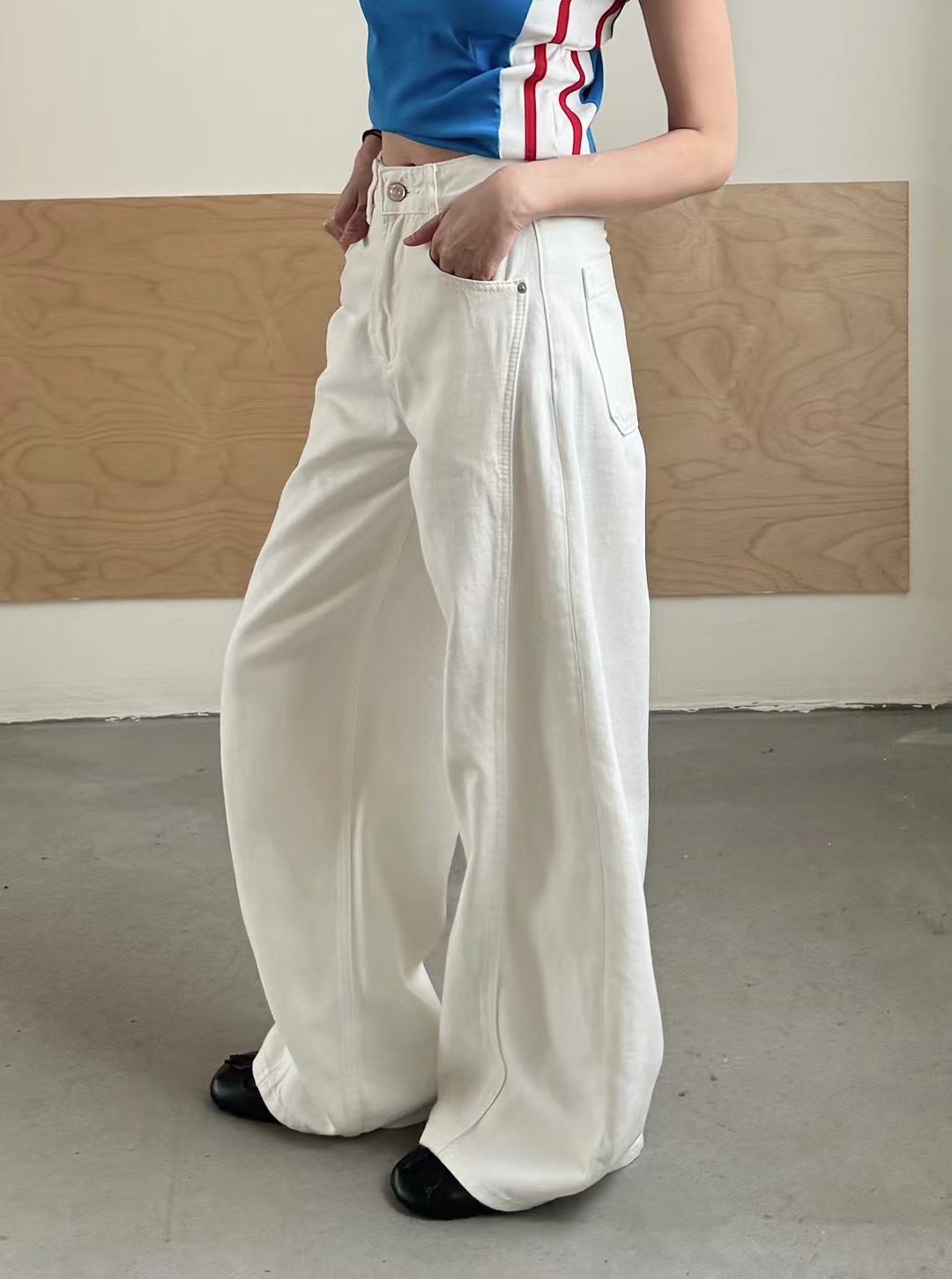 造型剪裁車線牛仔寬褲