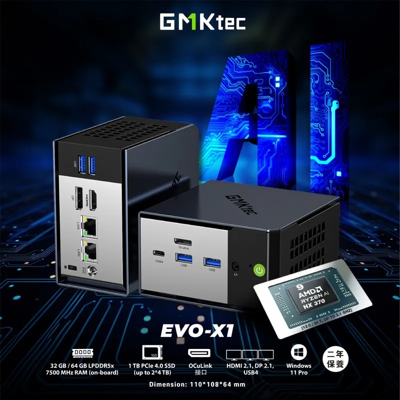 GMKtec Nucbox EVO-X1 迷你電腦 AMD Ryzen AI 9 HX 370, 32 / 64 + 1T, W11P (CS-GEVOX1 / CS-GEVOX1V + LB-PCNB)