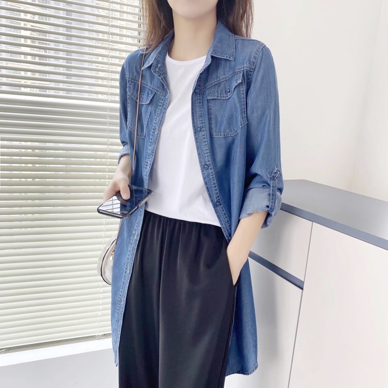 天絲牛仔長版外套上衣 兩色