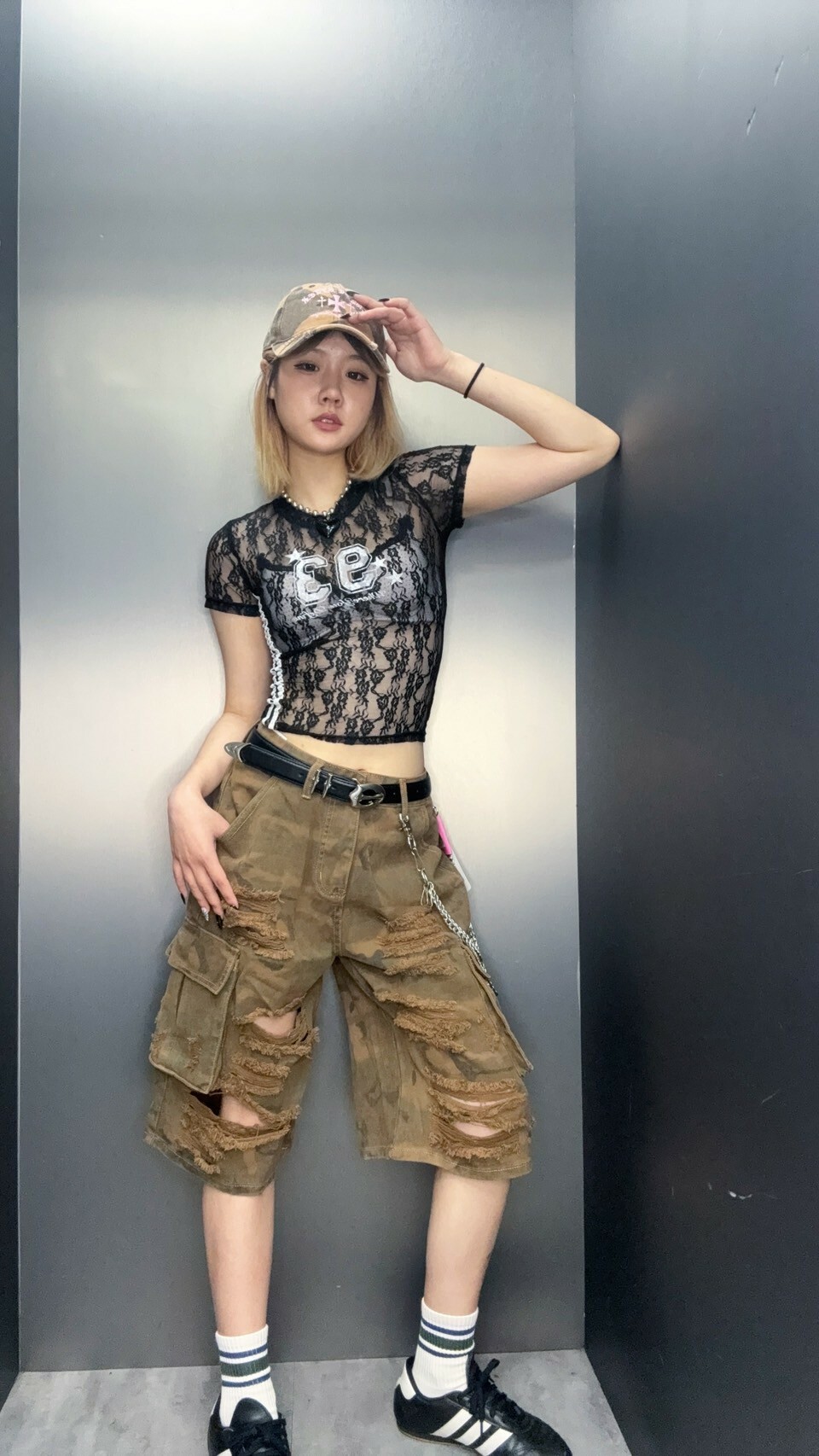 迷彩刷舊七分褲