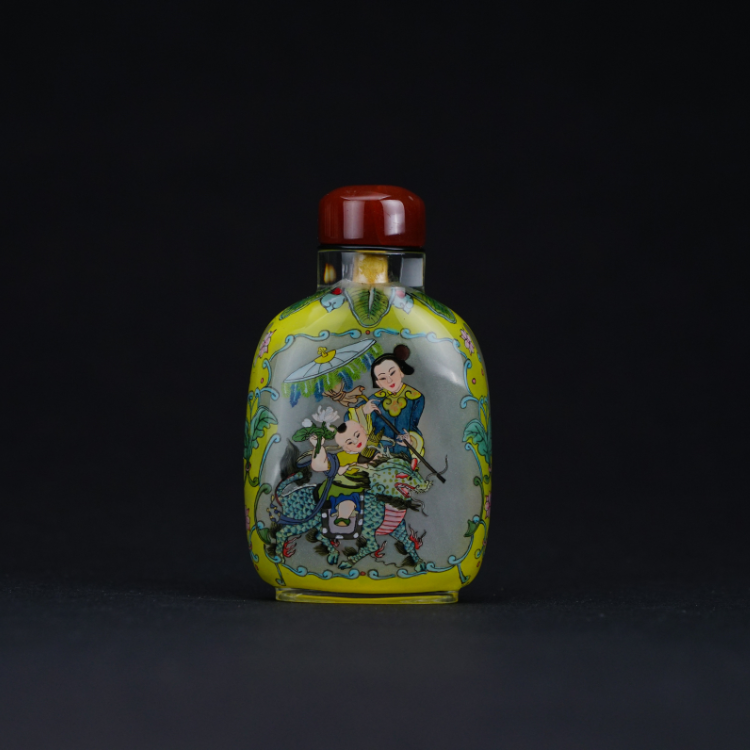 鹿港窯典藏級內畫工藝|麒麟送子鼻煙壺 瑞獸呈祥寓意福澤綿延與子嗣昌盛