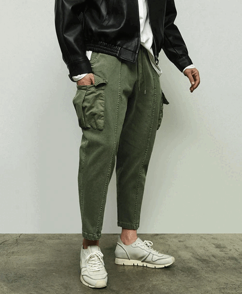 大口袋半拉鍊工裝褲