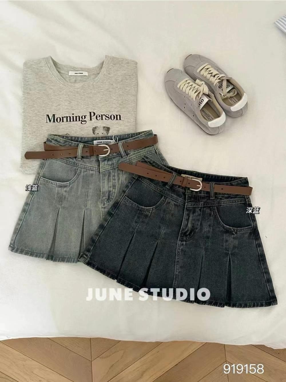 (GOAL) 美式牛仔百褶裙 (附皮帶 內有安全褲)