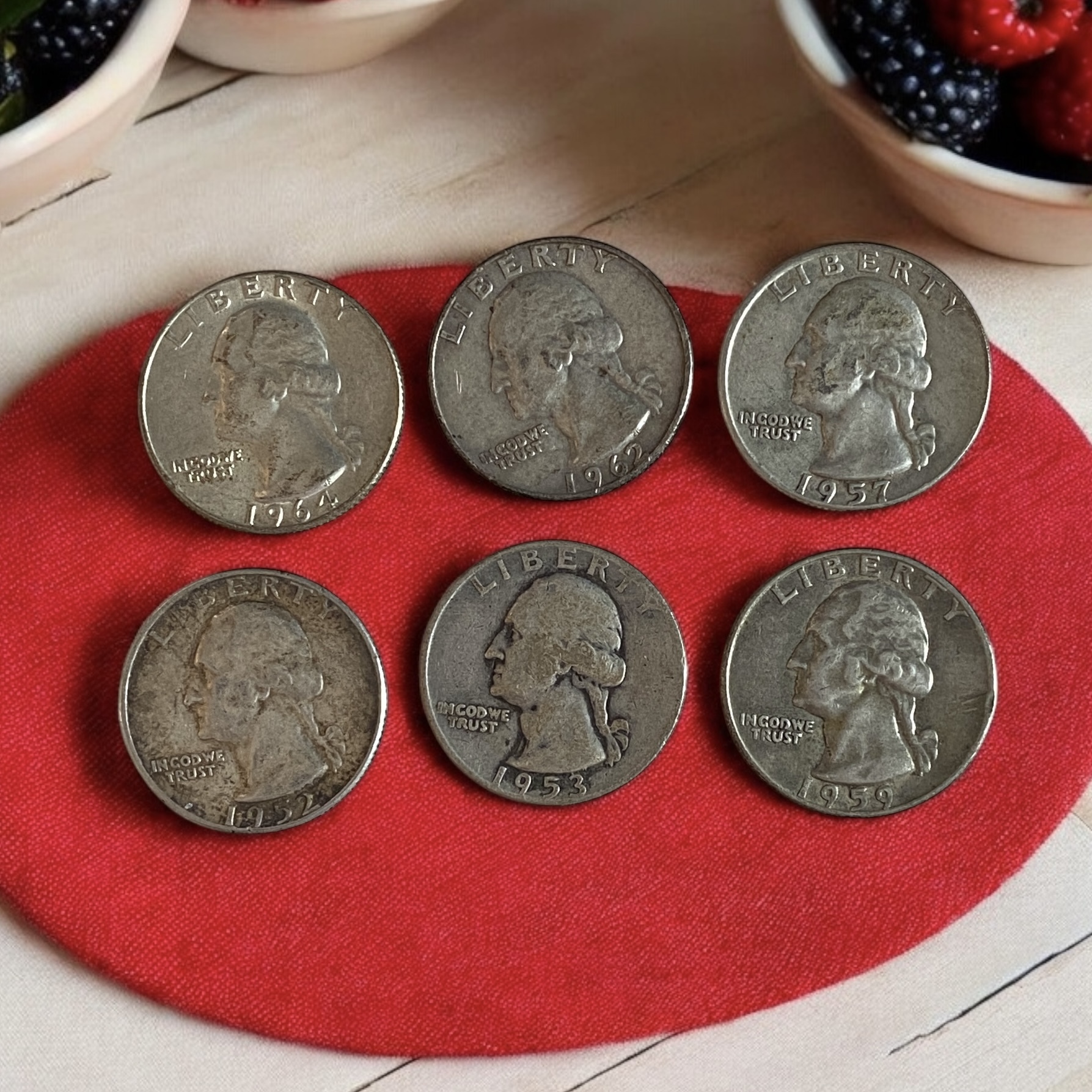 1952-1964 United States Washington Quarter Dollars Six Different Years (90% Silver)