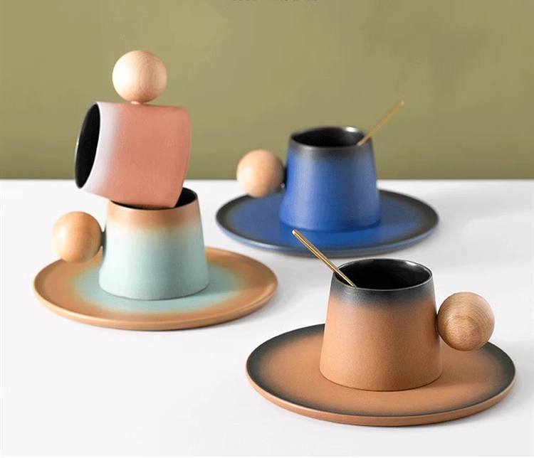 鹿港窯禮品館｜北歐風手工陶瓷咖啡杯組｜創意木質元素設計