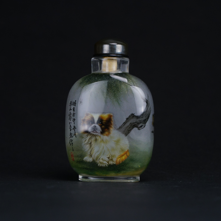 鹿港窯典藏級內畫工藝|雙狗圖鼻煙壺 忠誠雙犬展現友誼長存與守護之意