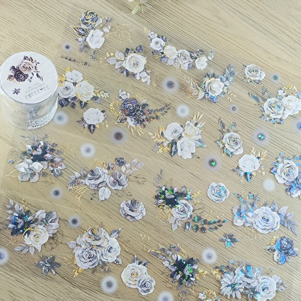 韓國 ggaggong．闇色浮金花朵 6cm立體亮面PET紙膠帶 <只有整捲>