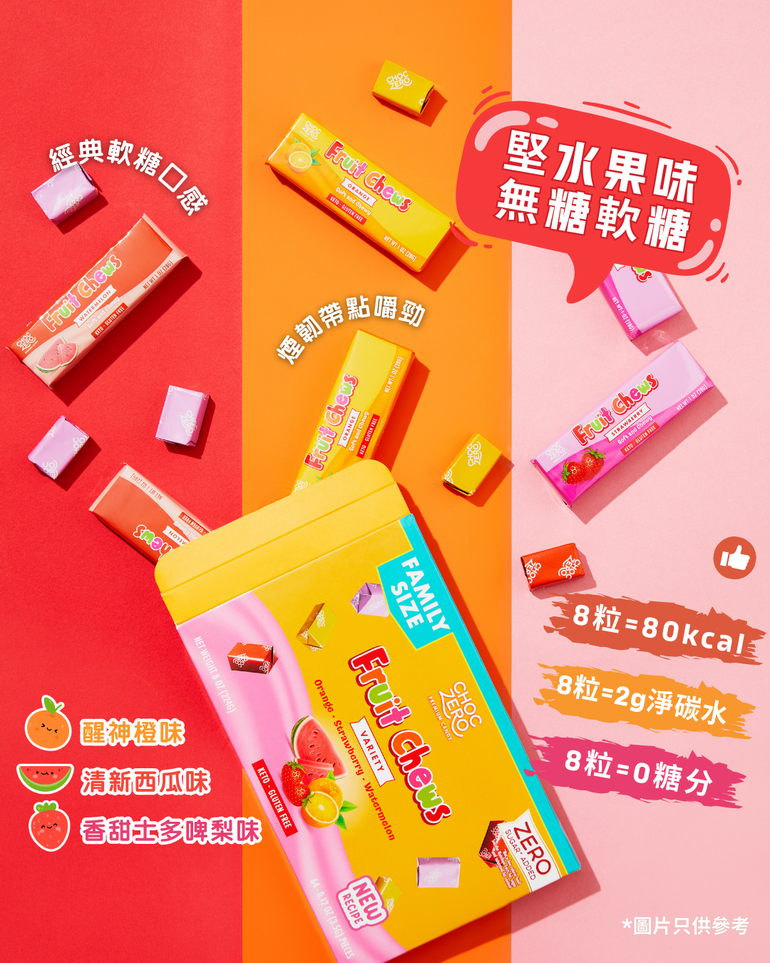 Choczero 繽紛水果軟糖 #無添加糖 224克( 1盒8條，總共64粒)  #低糖版瑞士糖