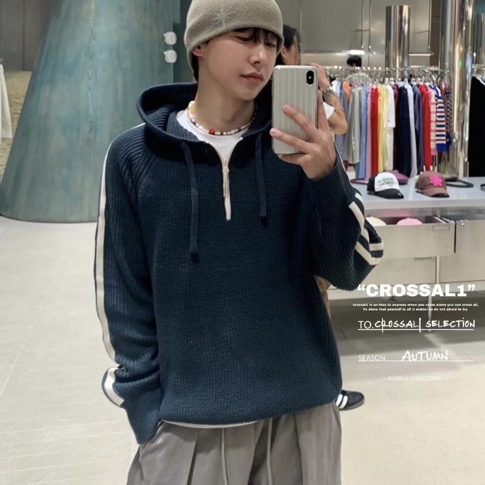 半拉鍊撞色連帽條紋針織衫