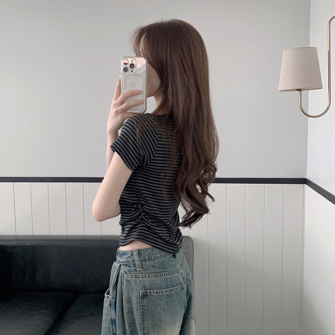 【優惠價預訂】韓國橫間V領鈕扣短袖TOP（2色）