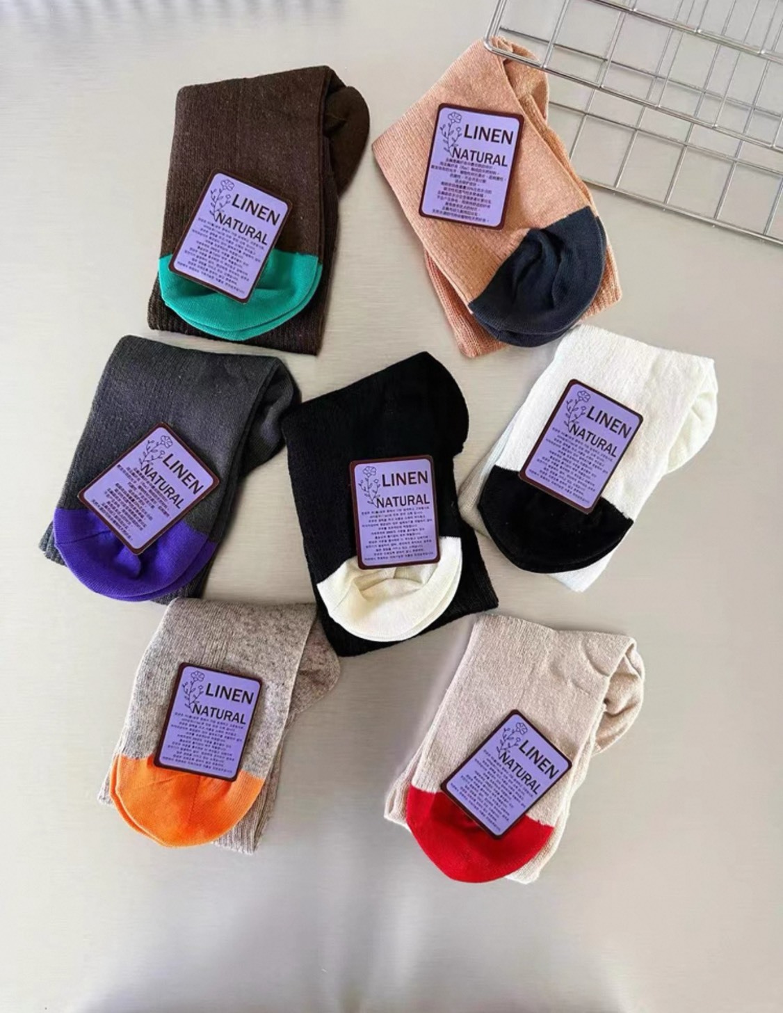 四季款亞麻紗拼接中筒堆堆襪(特價)