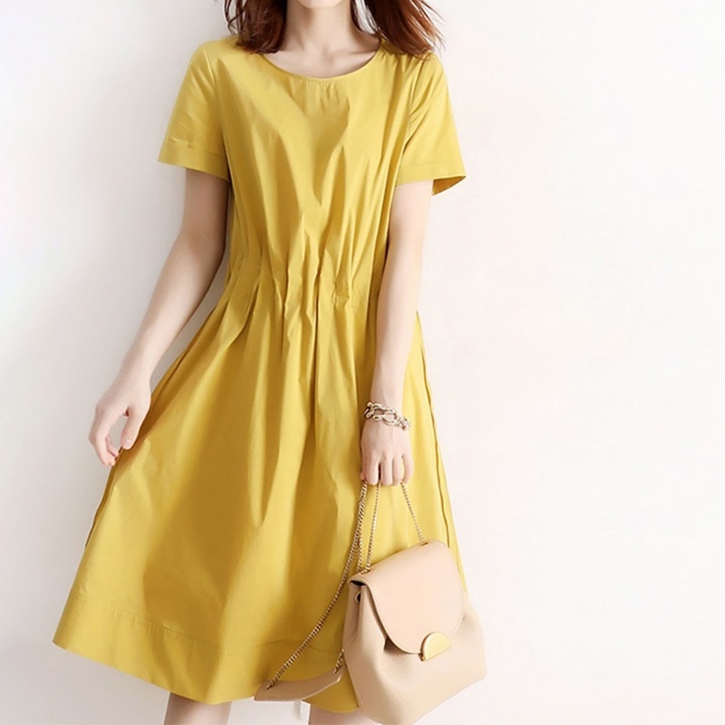 圓領腰抓褶柔棉洋裝 黃色