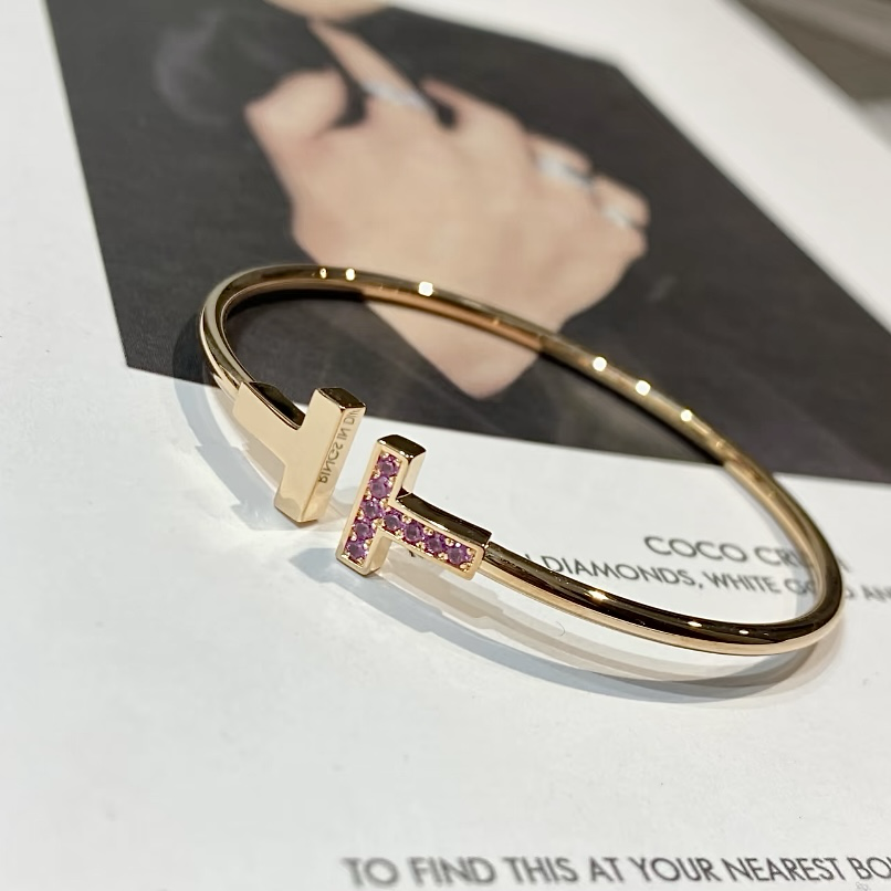 Ti”經典雙T玫瑰金限定粉鑽”高奢定製開口手鐲