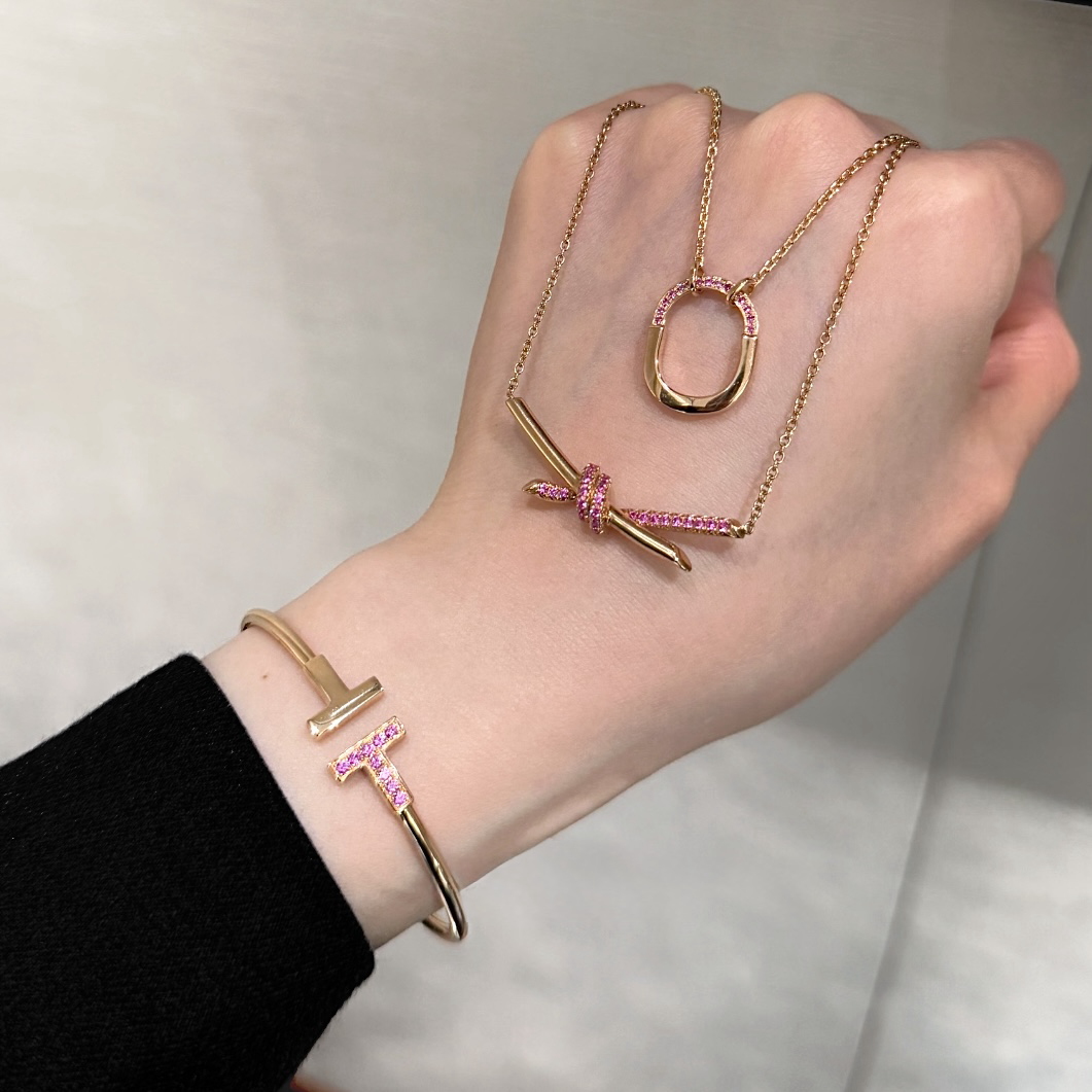 Ti”經典雙T玫瑰金限定粉鑽”高奢定製開口手鐲