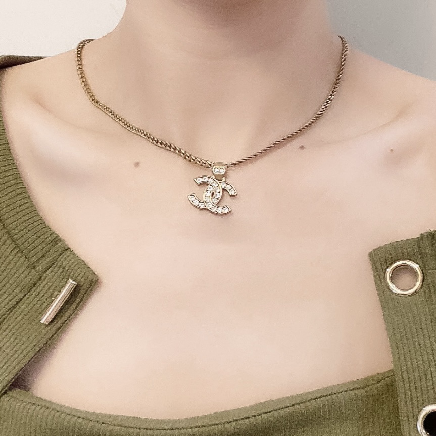 18k 香奶奶復古仿舊雙c滿鑽墜定製項鍊