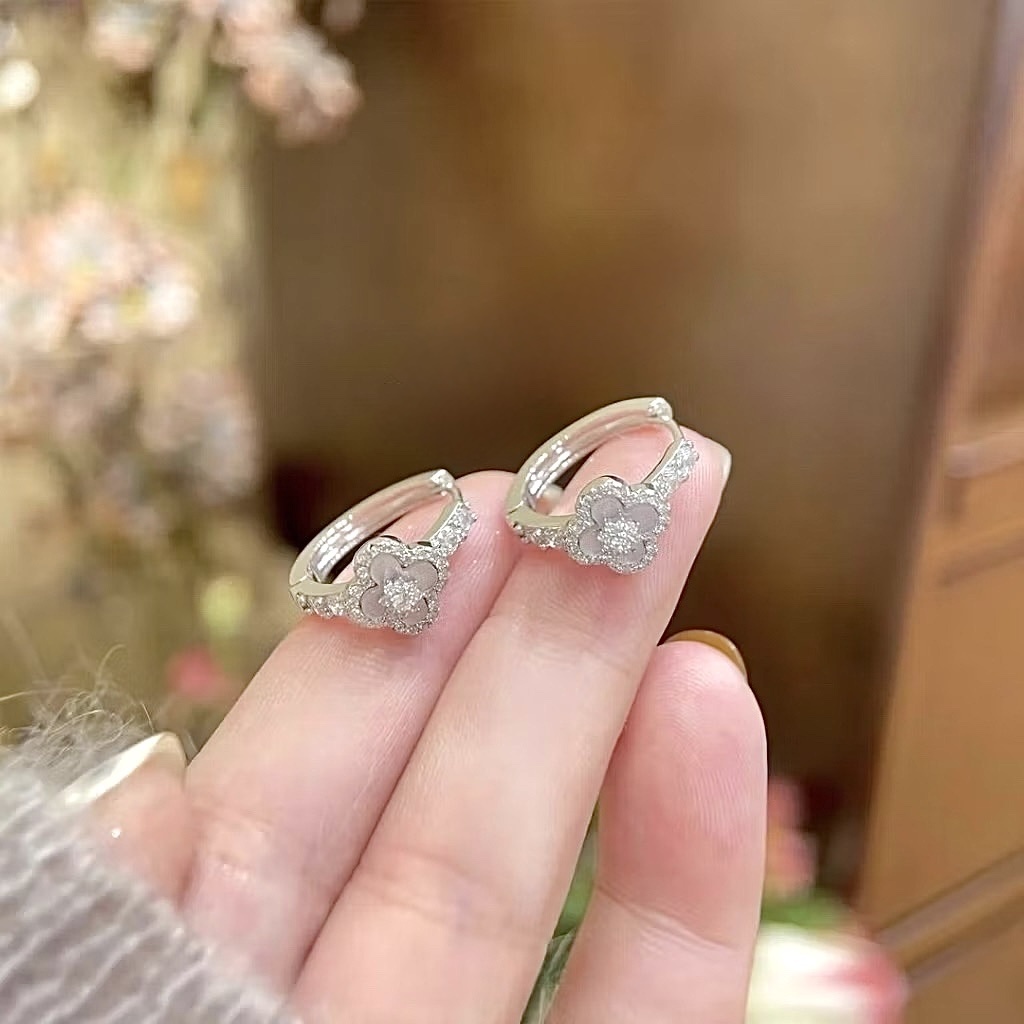 silver銀鑽白母貝四葉草鑽耳釦釘