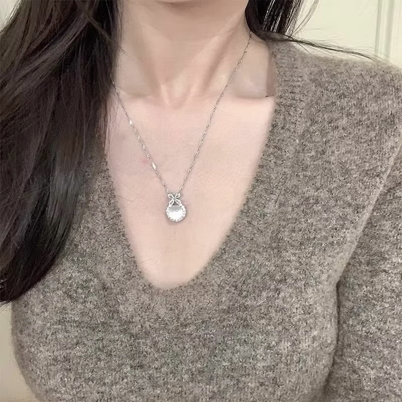 dream神仙白玉冰晶透”高級蝴蝶結白金鑽項鍊