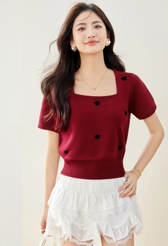 方領愛心針織上衣 兩色