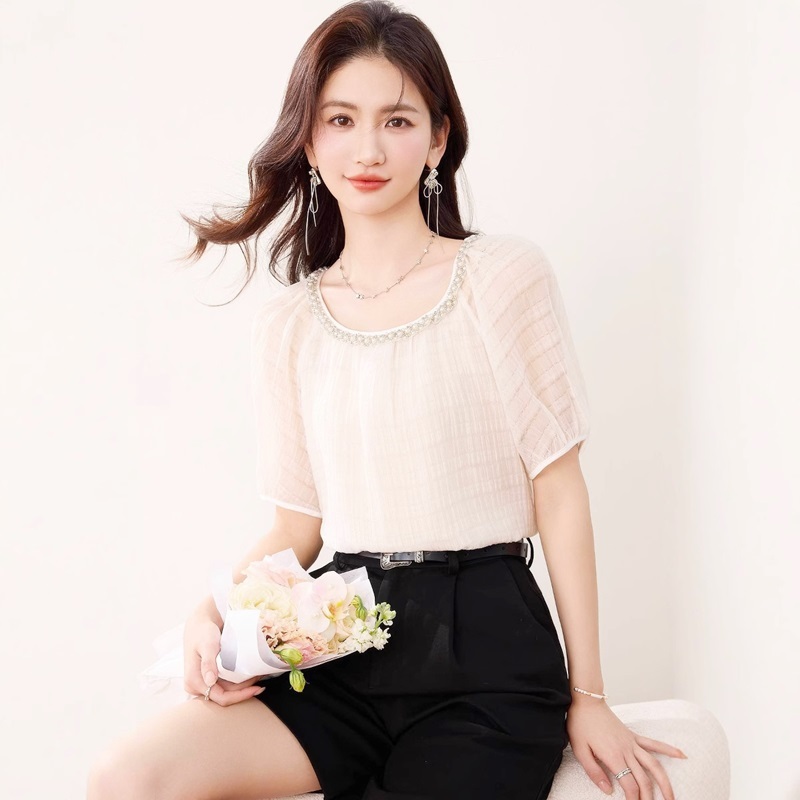 珠領透膚袖雪紡上衣 米杏