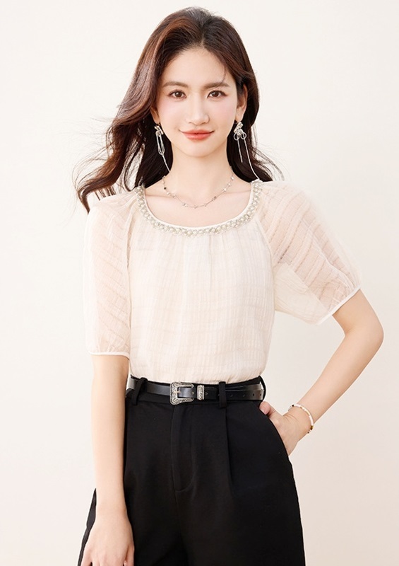 珠領透膚袖雪紡上衣 米杏