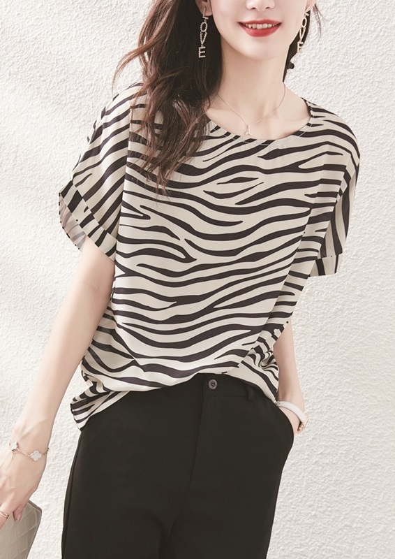 圓領落肩條紋雪紡上衣 條紋