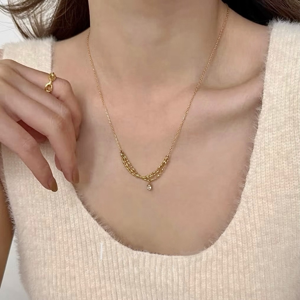 French氛圍浪漫鬆弛感”輕奢小鑽墜多層鈦鋼項鍊