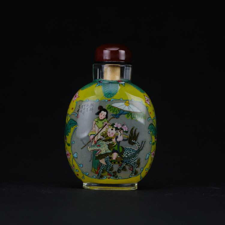 鹿港窯典藏級內畫工藝|麒麟送子鼻煙壺 瑞獸獻瑞象徵繁榮興旺與美滿祝福