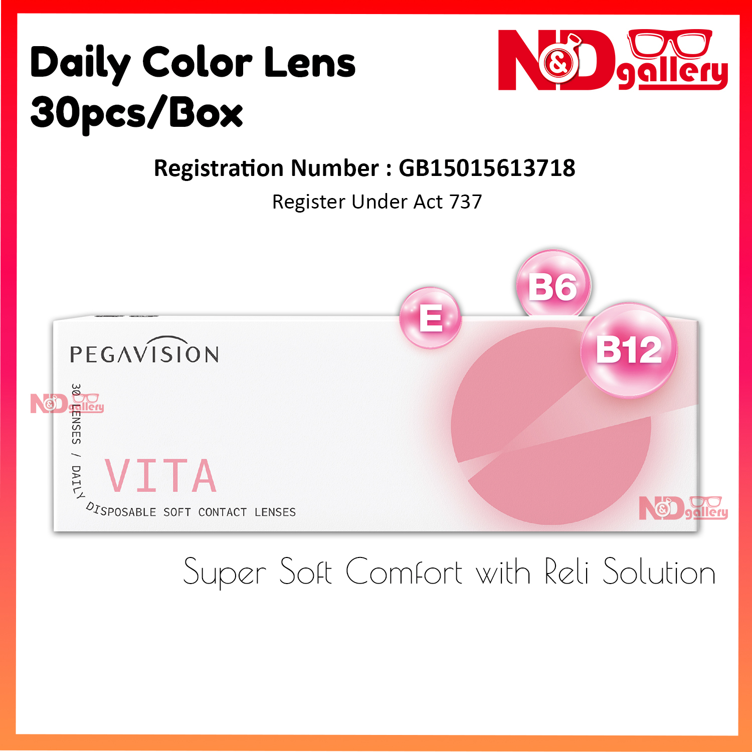 Pegavision Vita Daily Disposable Soft Clear Contact Lens 30pcs/Box with Vitamin B12 (-1.00 to -10.00DS)