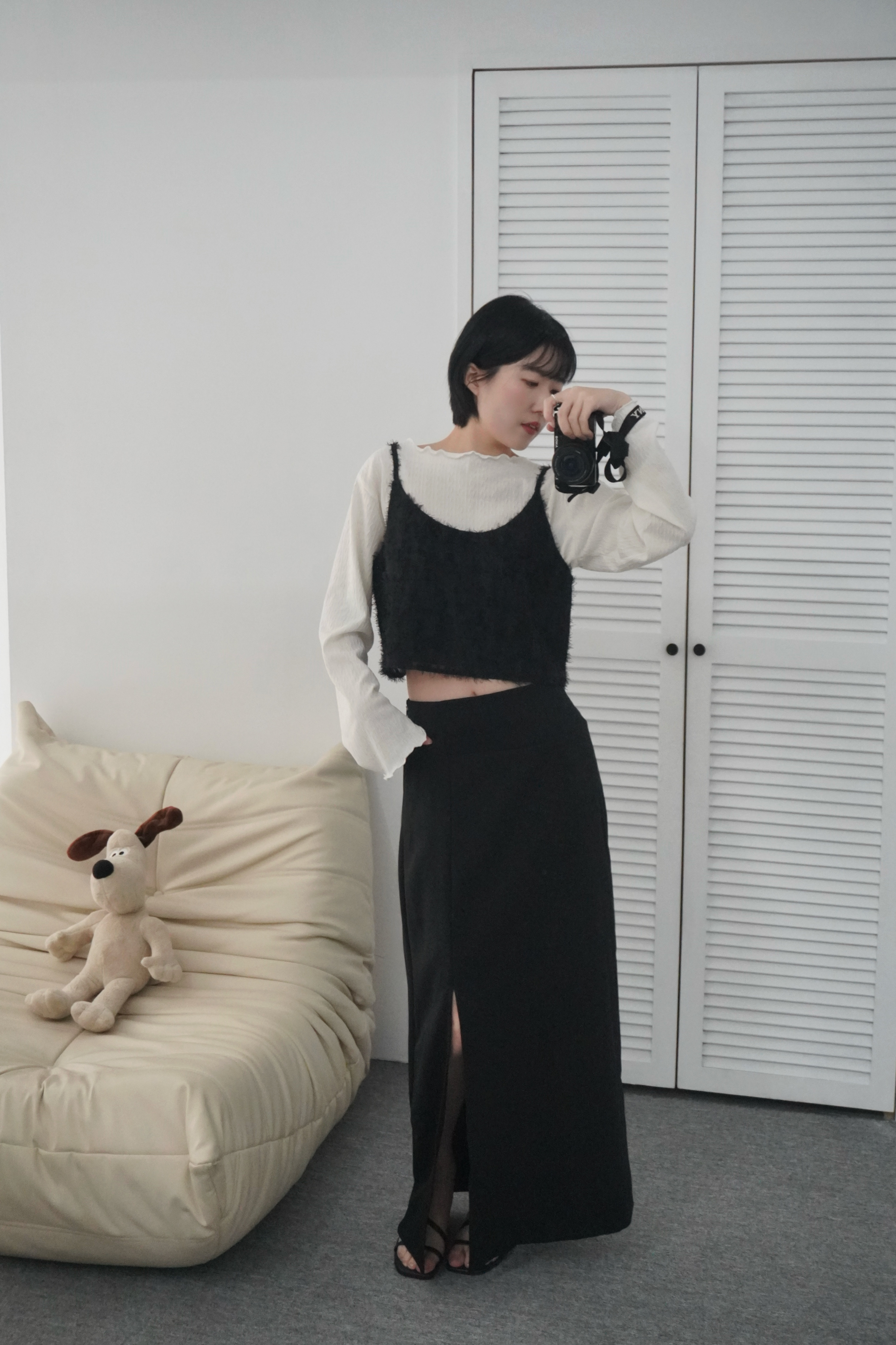 細肩帶羽毛背心（黑）