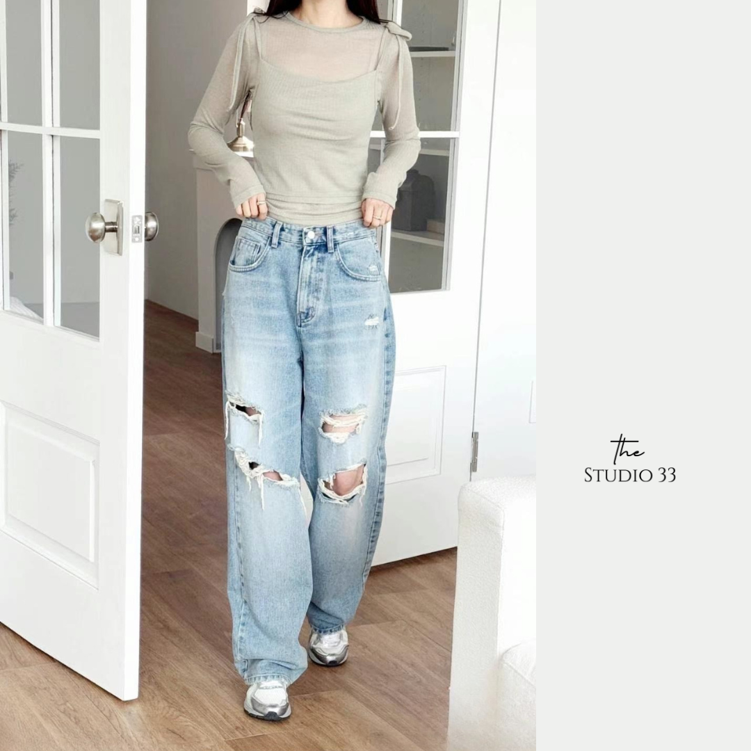 水洗磨白抓破感牛仔寬褲(後鬆緊)