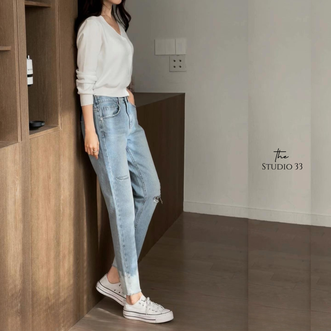 抓破感暈染窄管褲(後鬆緊)