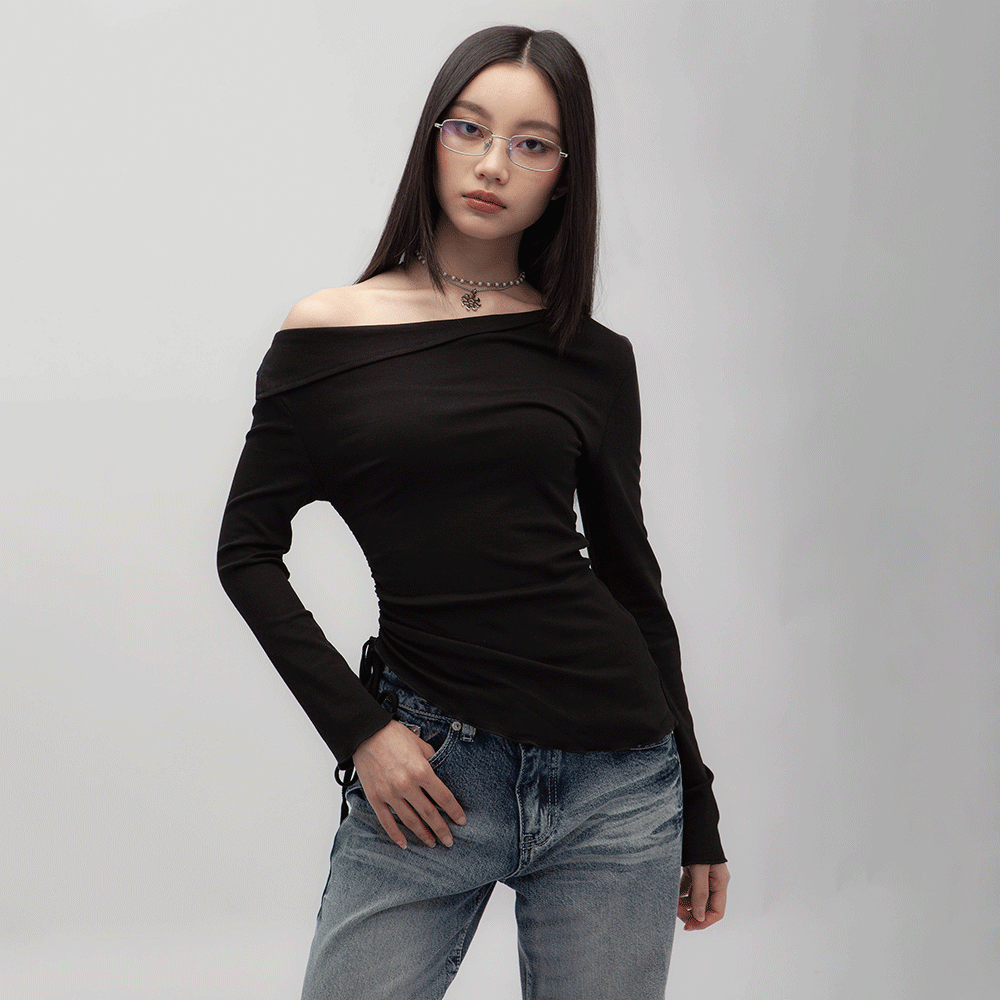 斜肩抽繩長袖上衣