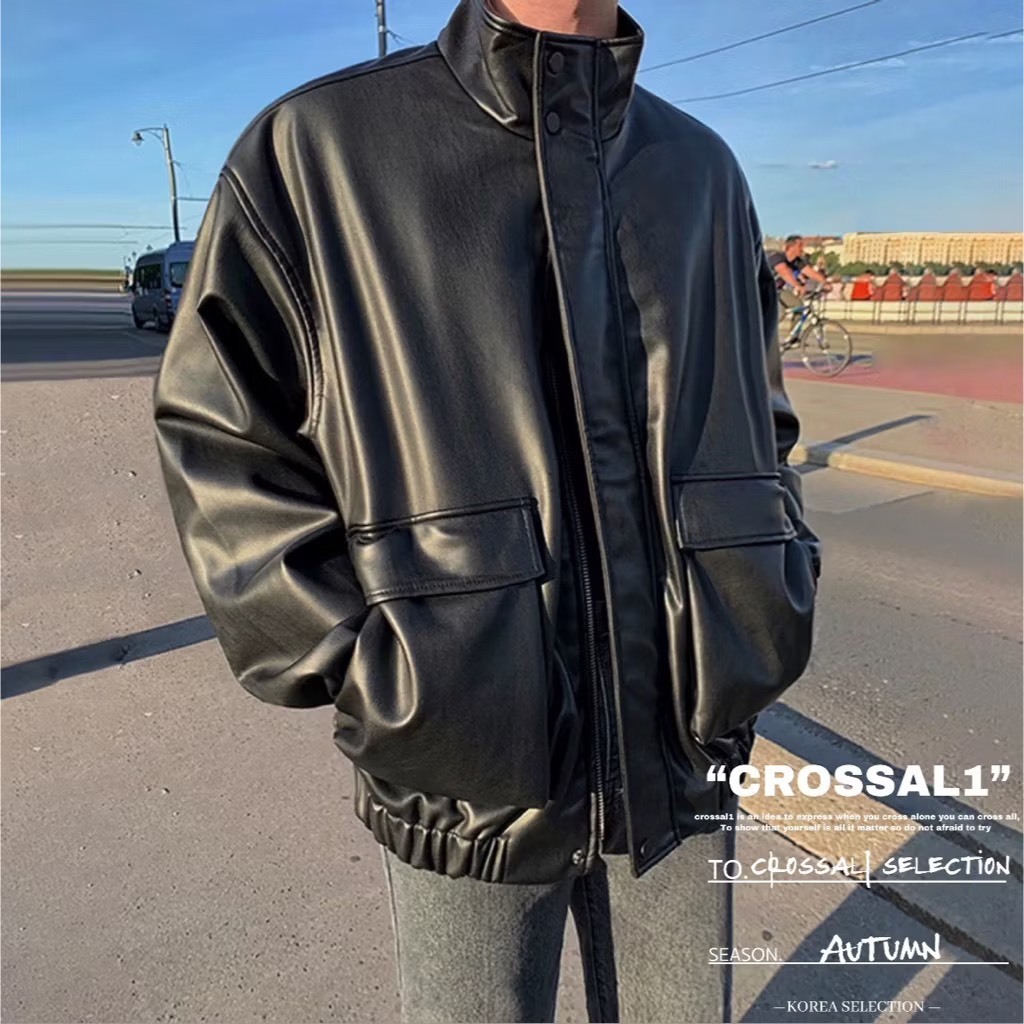 微高領雙口袋皮革外套